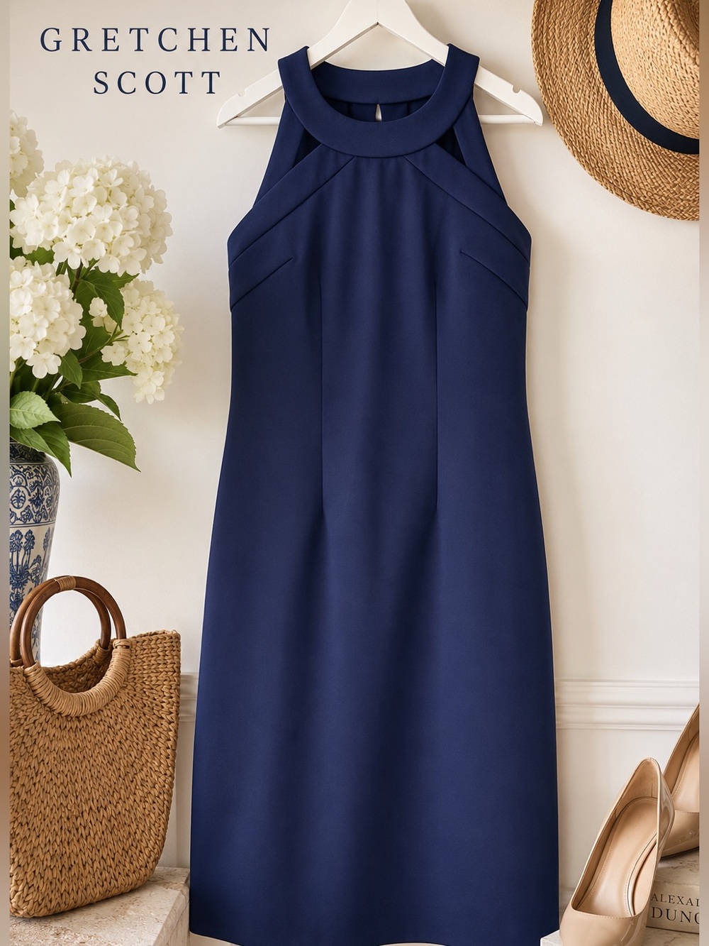 Gretchen Scott Navy Blue Isosceles Halter Shift Dress Size M Cutout Jersey